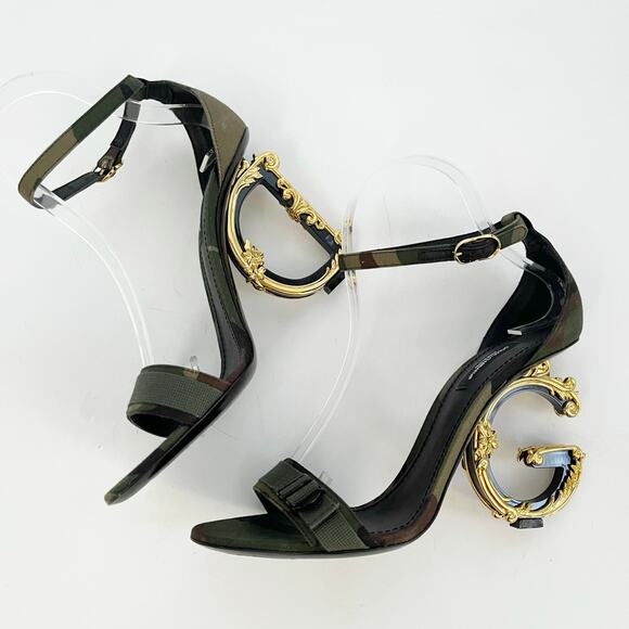 Dolce & Gabbana Keira Green Camouflage DG Logo Baroque Heel Sandals IT 39.5 - Picture 4 of 10